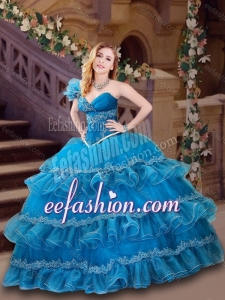 Amazing Classical Applique and Ruffled Blue Quinceanera Dress with One Shoulder