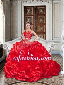Exquisite Beaded and Ruffled Red Sweet 16 Dress with Brush Train