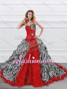 Exquisite Latest Beaded and Ruffled Red and Zebra Quinceanera Dress with Brush Train