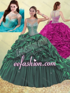 Exquisite Lovely See Through Beaded and Bubble Quinceanera Dress in Dark Green