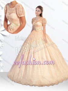 Exquisite Princess Scoop Laced Champagne Quinceanera Dress with Handcrafted Flowers