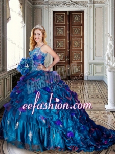 Exquisite Spaghetti Straps Beaded and Applique Teal Quinceanera Dresses with Brush Train
