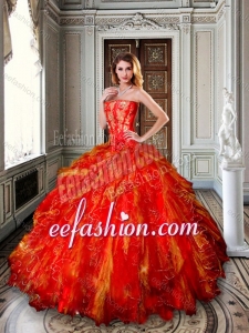 Exquisite Strapless Red and Gold Sweet 16 Dress with Appliques and Ruffles