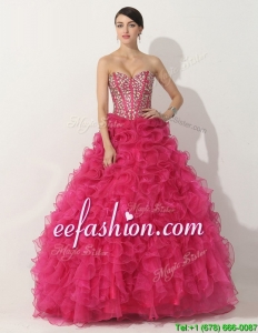 Exquisite Visible Boning Hot Pink Quinceanera Gown with Beading and Ruffles