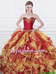 Fashionable Applique and Ruffled Organza Quinceanera Dress in Red and Yellow