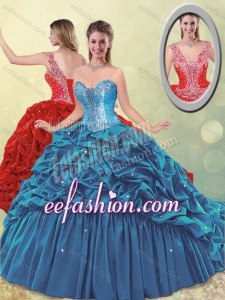 Fashionable Puffy Skirt Beaded Teal Quinceanera Dress with Brush Train
