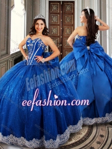 Fashionable Ball Gown Beaded Royal Blue Sweet 16 Dress with Appliques and Bowknot