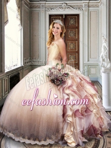 Fashionable Ball Gown Strapless Champagne Sweet 16 Dress with Appliques and Ruffles