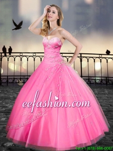 Fashionable Really Puffy Pink Quinceanera Gowns with Beading and Appliques