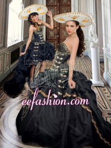Fashionable Two For One Taffeta Beaded and Applique Black Sweet 16 Dress with Brush Train