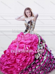 Fashionable V Neck Fuchsia and Printed Quinceanera Dress with Feather and Bubbles