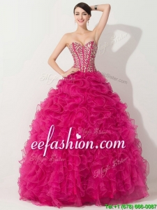 Fashionable Visible Boning Hot Pink Quinceanera Gown with Beading and Ruffles