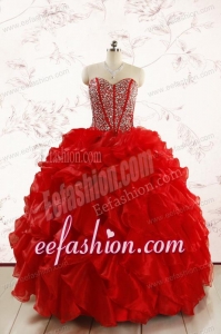 Red Beading and Ruffles Sweetheart Pretty Quinceanera Dresses for 2015