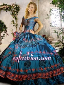 Off the Shoulder Teal Quinceanera Gown with Beading and Appliques