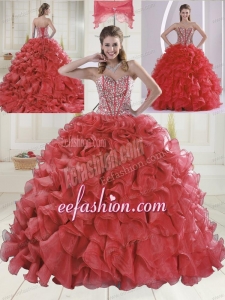Beautiful Sweetheart Coral Red Quinceanera Dresses with Brush Train