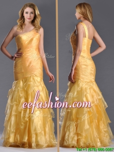 2016 Elegant Mermaid One Shoulder Organza Ruffled Prom Dress in Gold
