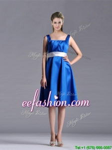 2016 Exquisite Empire Square Taffeta Blue Prom Dress with White Belt