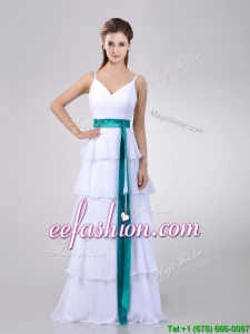 2016 Lovely White Prom Dress with Ruffled Layers and Turquoise Belt