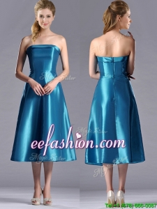 2016 Luxurious A Line Strapless Tea Length Prom Dress in Teal