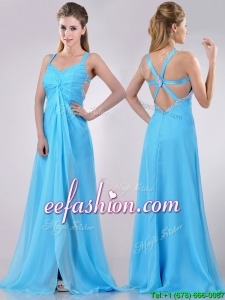 2016 Luxurious Straps Criss Cross Beaded Long Prom Dress in Baby Blue