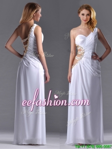 Beautiful Cut Out Waist One Shoulder White Prom Dress with Beading