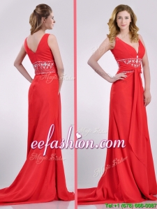 Beautiful V Neck Brush Train Chiffon Beaded Prom Dress in Coral Red