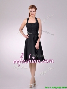 Best Selling Chiffon Halter Top Ruched Prom Dress in Black