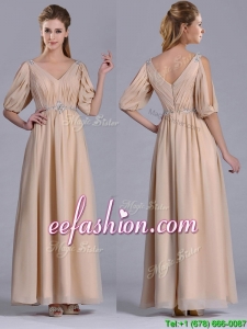 Cheap Beaded and Ruched V Neck Long Mother Of The Bride Dress in Champagne