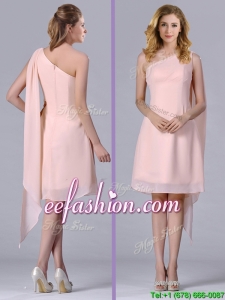 Cheap One Shoulder Chiffon Ruching Short Prom Dress in Pink