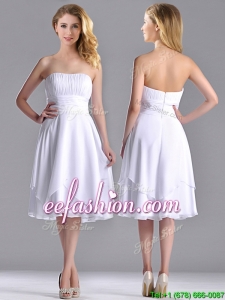 Cheap Strapless Chiffon White Prom Dress with Ruched Decorated Bust