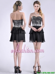 Cheap Sweetheart Black Short Prom Dress in Sequins and Chiffon