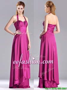 Classical Halter Top Fuchsia Long Prom Dress in Elastic Woven Satin