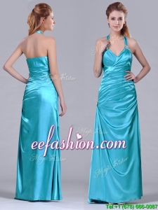 Column Halter Top Elastic Woven Satin Aqua Blue Prom Dress with Ruching