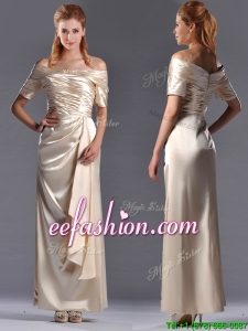 Column Off the Shoulder Ruching Best Mother Of The Bride Dress in Champagne