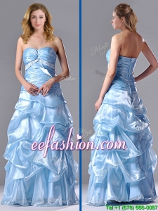 Column Sweetheart Long Light Blue Beaded Ruched Prom Dress in Organza
