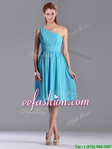 Discount Chiffon Baby Blue Knee Length Prom Dress with One Shoulder
