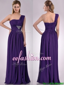 Discount Empire Beaded and Ruched Dark Purple Prom Dress with One Shoulder