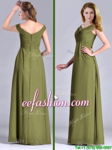 Discount Empire V Neck Chiffon Olive Green Prom Dress with Ruching