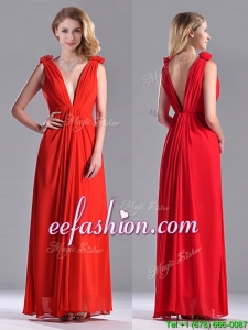 Elegant Deep V Neckline Red Prom Dress with Hand Crafted Flowers