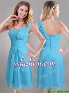 Elegant One Shoulder Ruched Chiffon Bridesmaid Dress in Aqua Blue