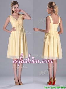 Empire Light Yellow V Neck Knee Length Short Prom Dress with Ruching