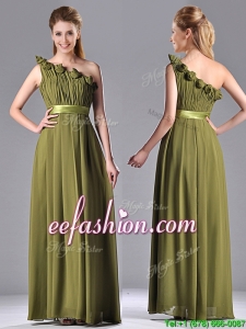 Empire One Shoulder Ruched and Belt Best Mother Of The Bride Dress in Olive Green