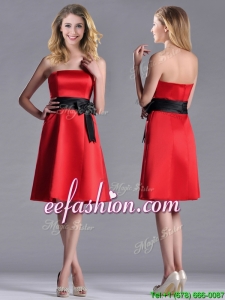 Exclusive Empire Satin Knee Length Prom Dress with Black Bowknot