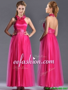 Exclusive Hot Pink Best Mother Of The Bride Dress with Handcrafted Flowers Decorated Halter Top
