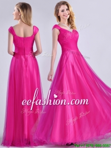 Exclusive Organza Beaded Top Hot Pink Prom Dress with Cap Sleeves
