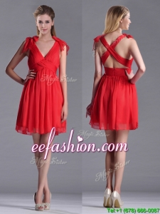 Exclusive V Neck Criss Cross Prom Dress with Ruching and Bowknot