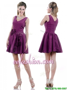 Exquisite V Neck Taffeta Purple Prom Dress with Handcrafted Flowers