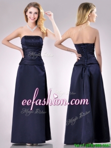 Fashionable Strapless Beaded Bust Long Best Mother Of The Bride Dress in Navy Blue