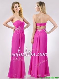 Fashionable Sweetheart Backless Beaded and Ruched Prom Dress in Hot Pink