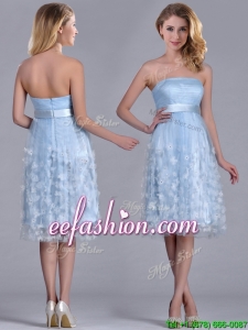 Gorgeous Empire Tea Length Applique Tulle Prom Dress in Light Blue